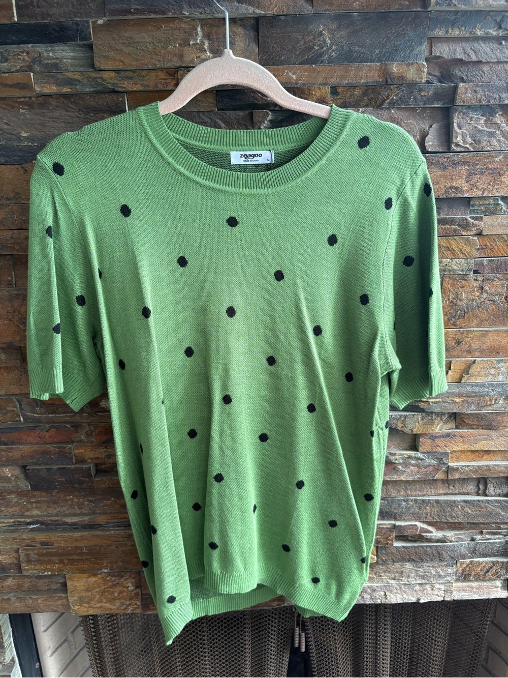 zeagoo Green Short-Sleeve Knit Shirt with Black Polka Dots